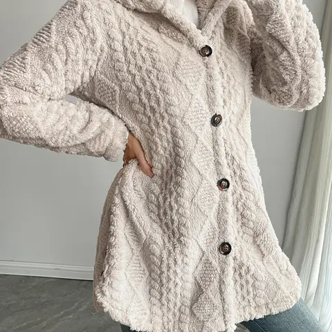 Women's Solid Color Thick Fuzzy Hooded Coat, Casual Fashion Long Sleeve Knit Outerwear for Daily Wear, Ladies Clothes for Winter, Womenswear
