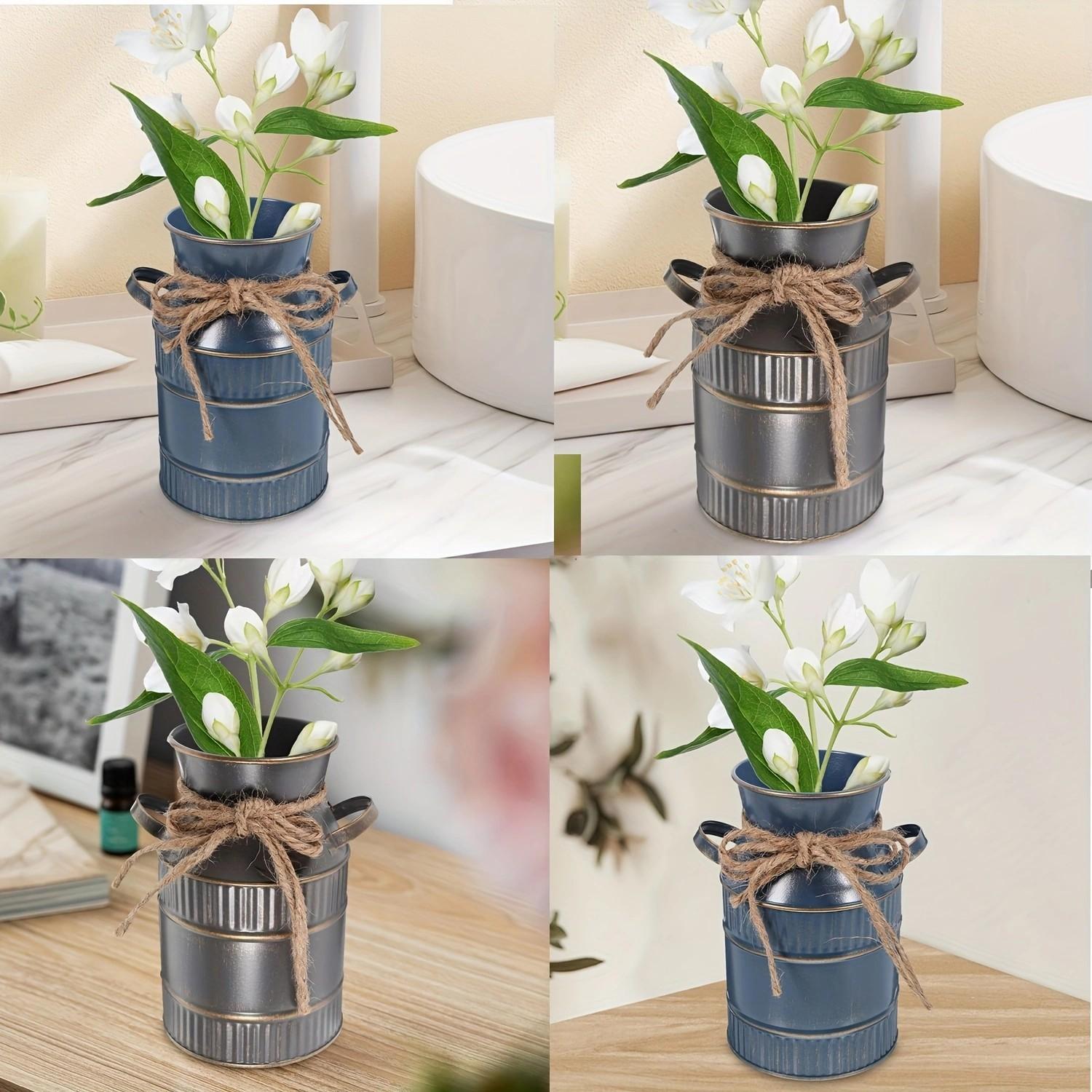 Vintage Rustic Metal Cylinder Vase with Handle, Farmhouse Decor Watering Can, Living Room Desk, Coffee Shop, Garden Party, Wedding Party Decoration