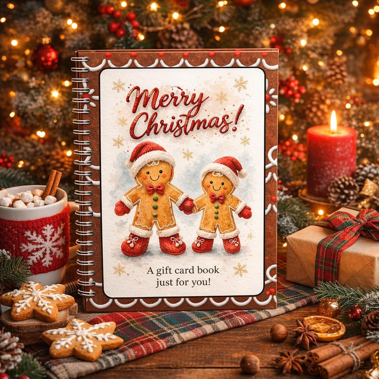 Christmas Gift Card Book, Santa Theme Spiral Binding Gift Card Album, Decorative Inner Pages, Christmas Gift Book with Card Holder, Perfect for Holidays and Parties
