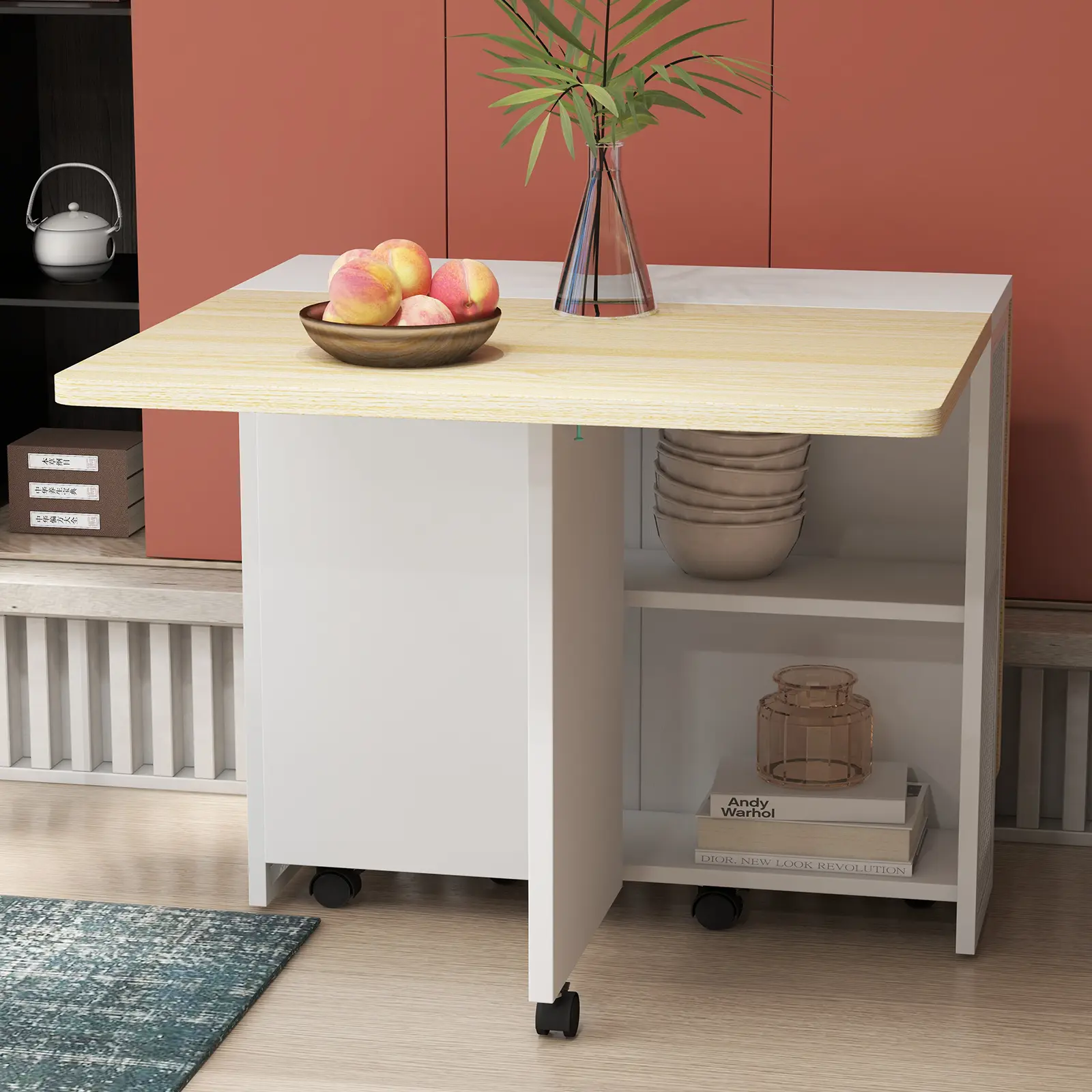 Folding Dining Table, Farmhouse Dining Table for 4 Storage Shelf, 6 Wheels Multipose Expandable Kitchen Drop Leaf Table