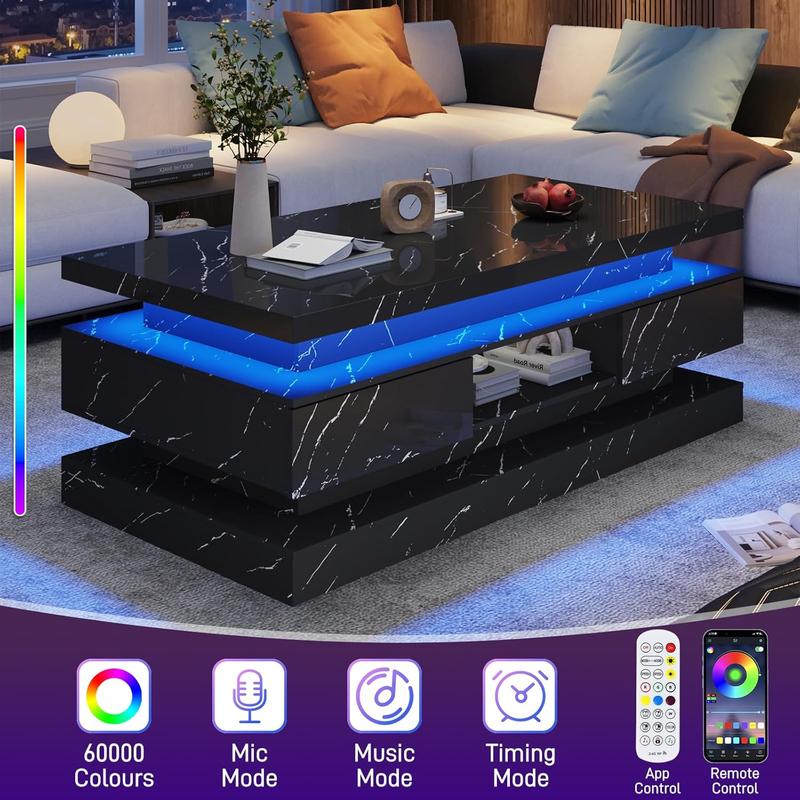 47.2 inch Modern High Glossy LED Coffee Table with 2 Sliding Drawers, Double-Layer Center Tables with LED Lights for Livings Room Furniture, Black