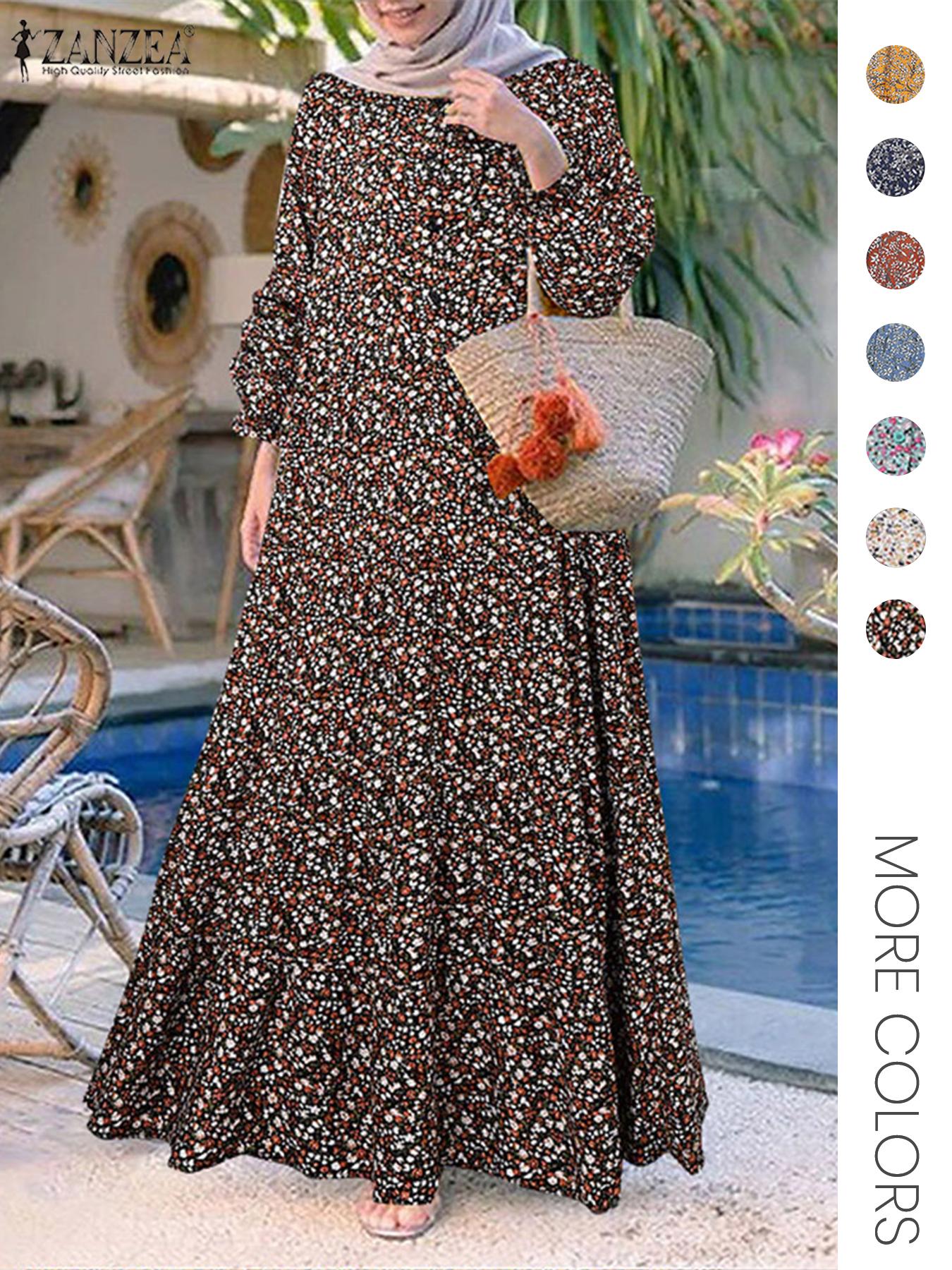 Women's Ditsy Floral Print Long Sleeve Tunic Dress, Casual Round Neck Dress for Holiday Vacation Daily Wear, Ladies Clothes for All Seasons