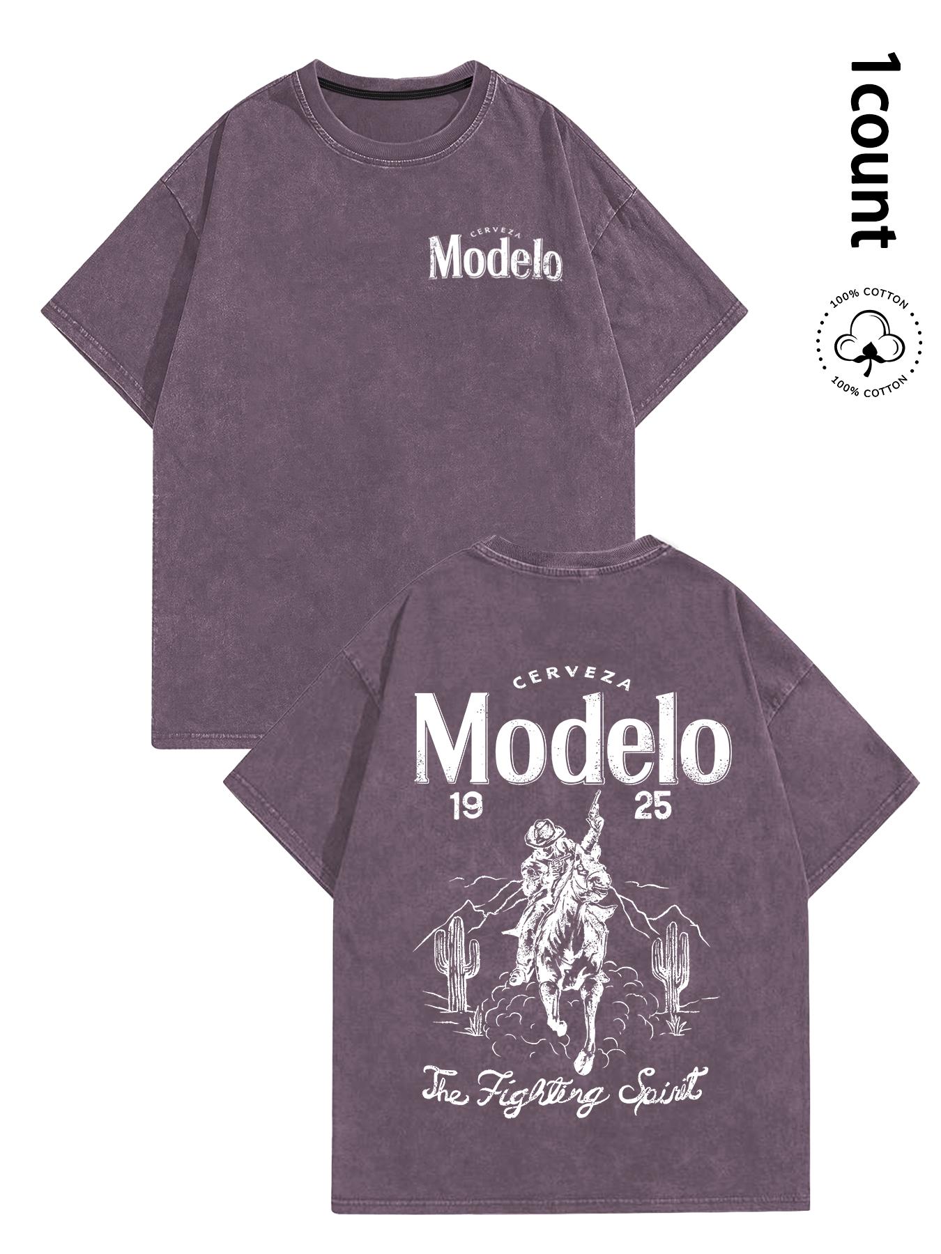 Unisex's 100% Cotton Washed Distressed Modelo Cowboy Tee, Regular Fit Street Fashion Casual Comfy Short Sleeve Crewneck T-shirt for Daily Wear, Western Clothing, All-match Top for Summer, Streetwear