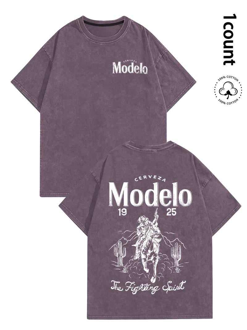 Unisex's 100% Cotton Washed Distressed Modelo Cowboy Tee, Regular Fit Street Fashion Casual Comfy Short Sleeve Crewneck T-shirt for Daily Wear, Western Clothing, All-match Top for Summer, Streetwear