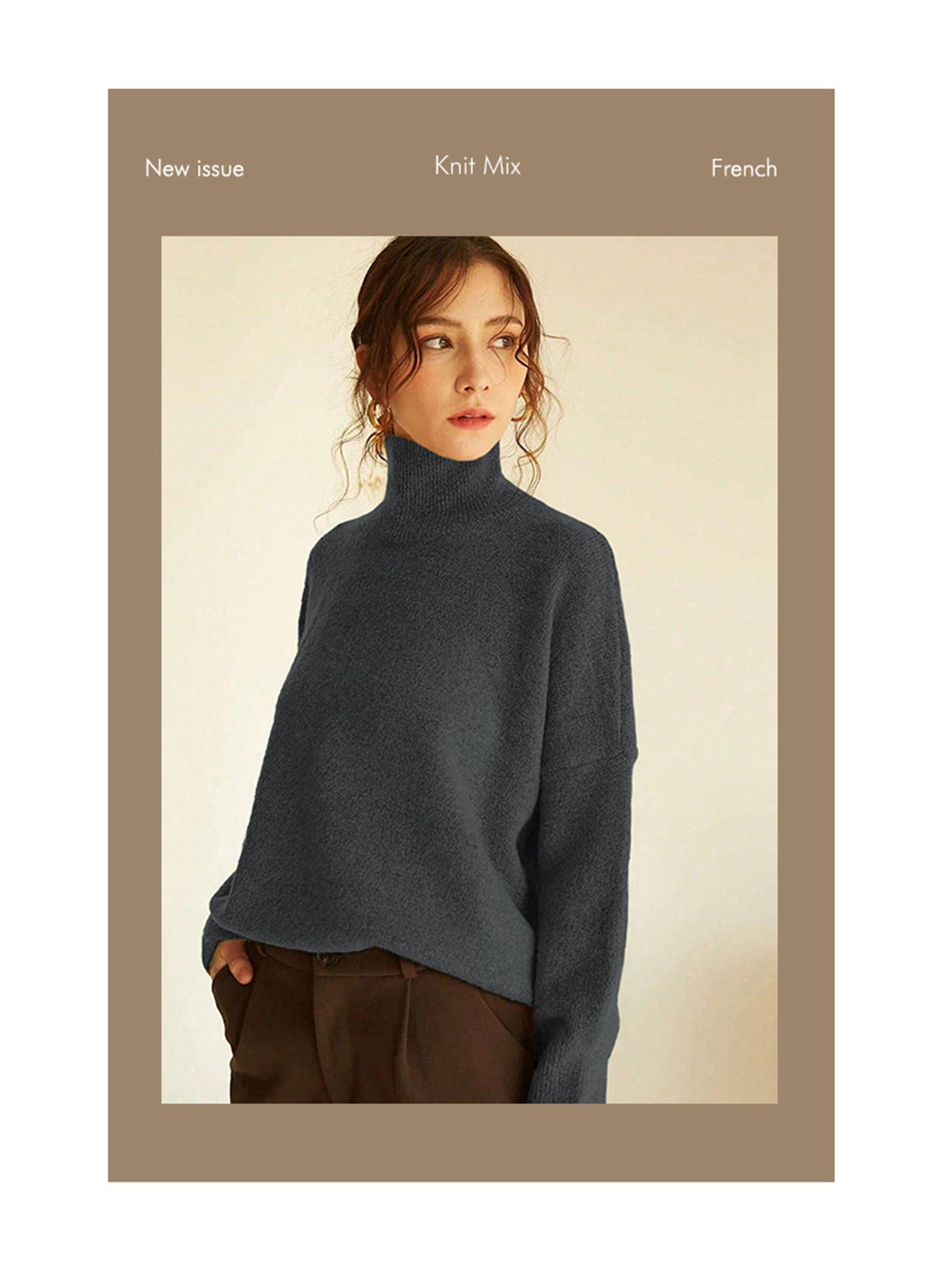Autumn Winter Women's Sweater, High Neck Loose Casual French Style Knitwear, Elegant Simple Solid Color Pullover, Long Sleeve Knit Top