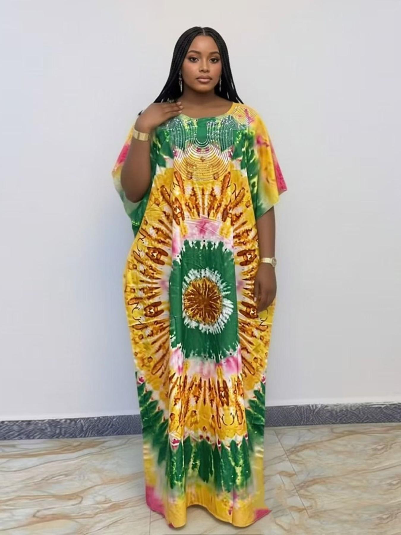 African Tie-Dye Embroidered Boubou Kaftan Long Dress, Traditional Clothing, Casual Daily Wear, Loose Fit, Plus Size, Vacation Style