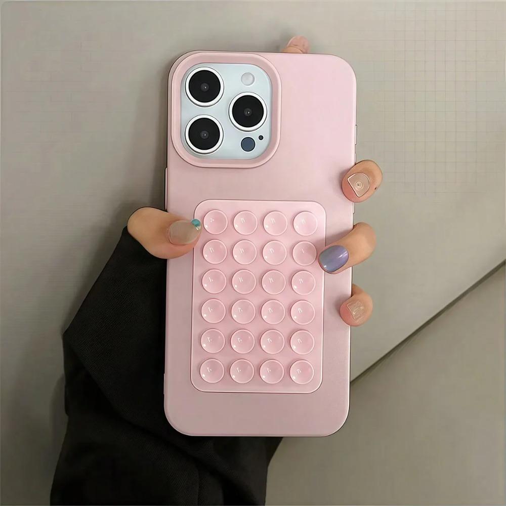 Minimalist Solid-Color Suction Cup Stand Leather-Textured Phone Case Cover Casing For iPhone 17 16 15 14 Plus 13 12 Pro Max 11 XS XR XS Max Shockproof Protective Case Accessories