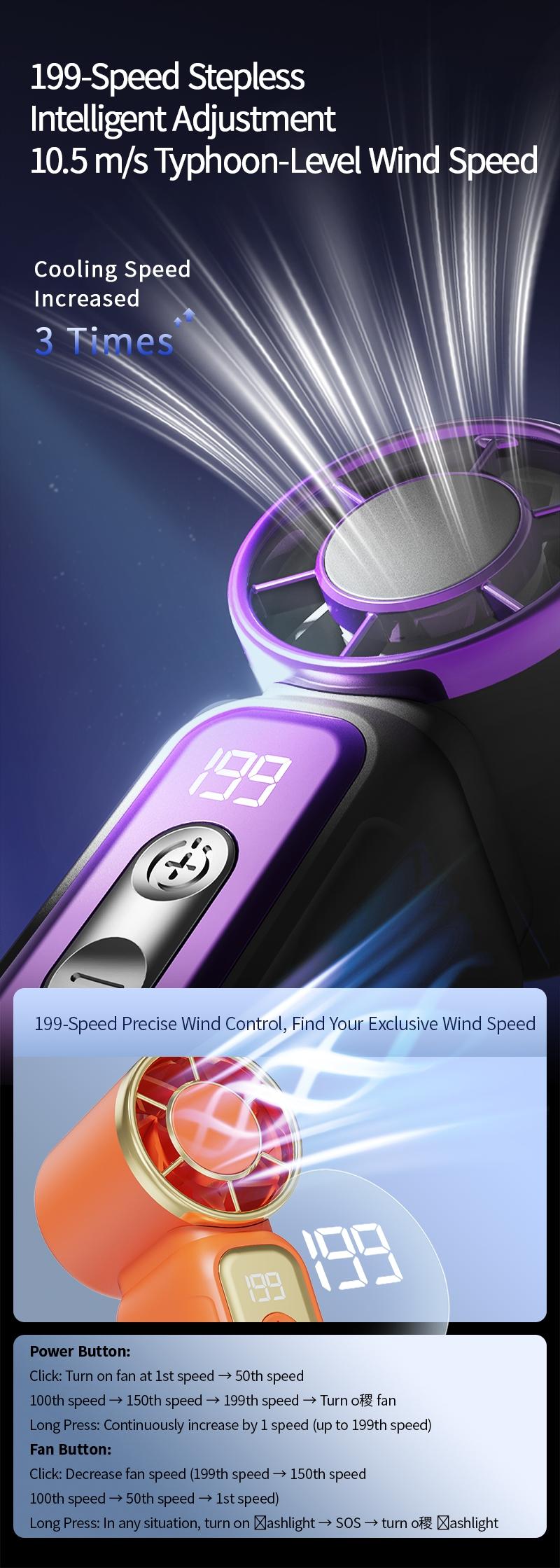 Adjustable in 199 positions, handheld fan cooling board, high wind speed and airflow, portable design, suitable for use in homes and offices, durable and efficient.