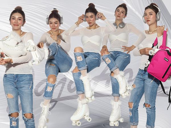 JajaHoho Roller Skates for Women, White Holographic High Top PU Leather Rollerskates, Shiny Double-Row Four Pearl Giltter Wheels Quad Skates for Girls and Age 8-50 Indoor Outdoor (White Swan)