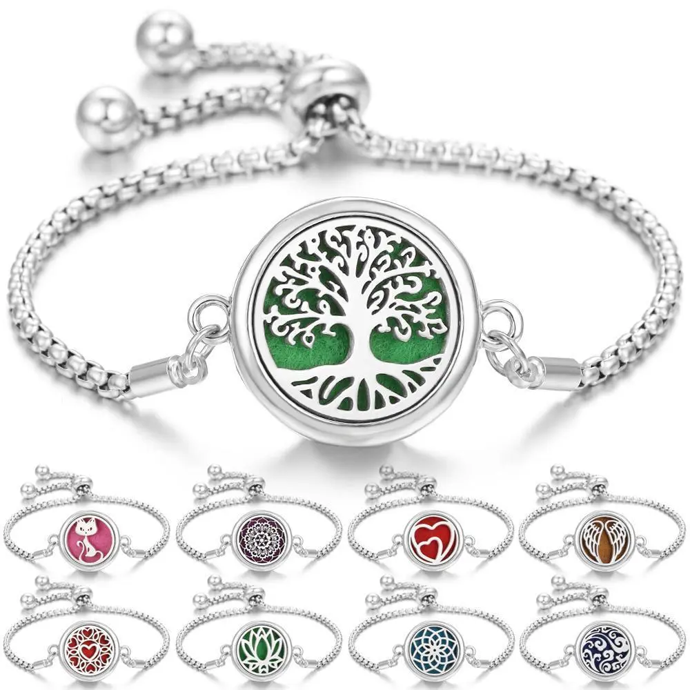 New Perfume Scent Essential Oil Diffuser Bracelet Tree cat Flower Heart Wings Aromatherapy Locket Bracelet Bangle Aroma Jewelry