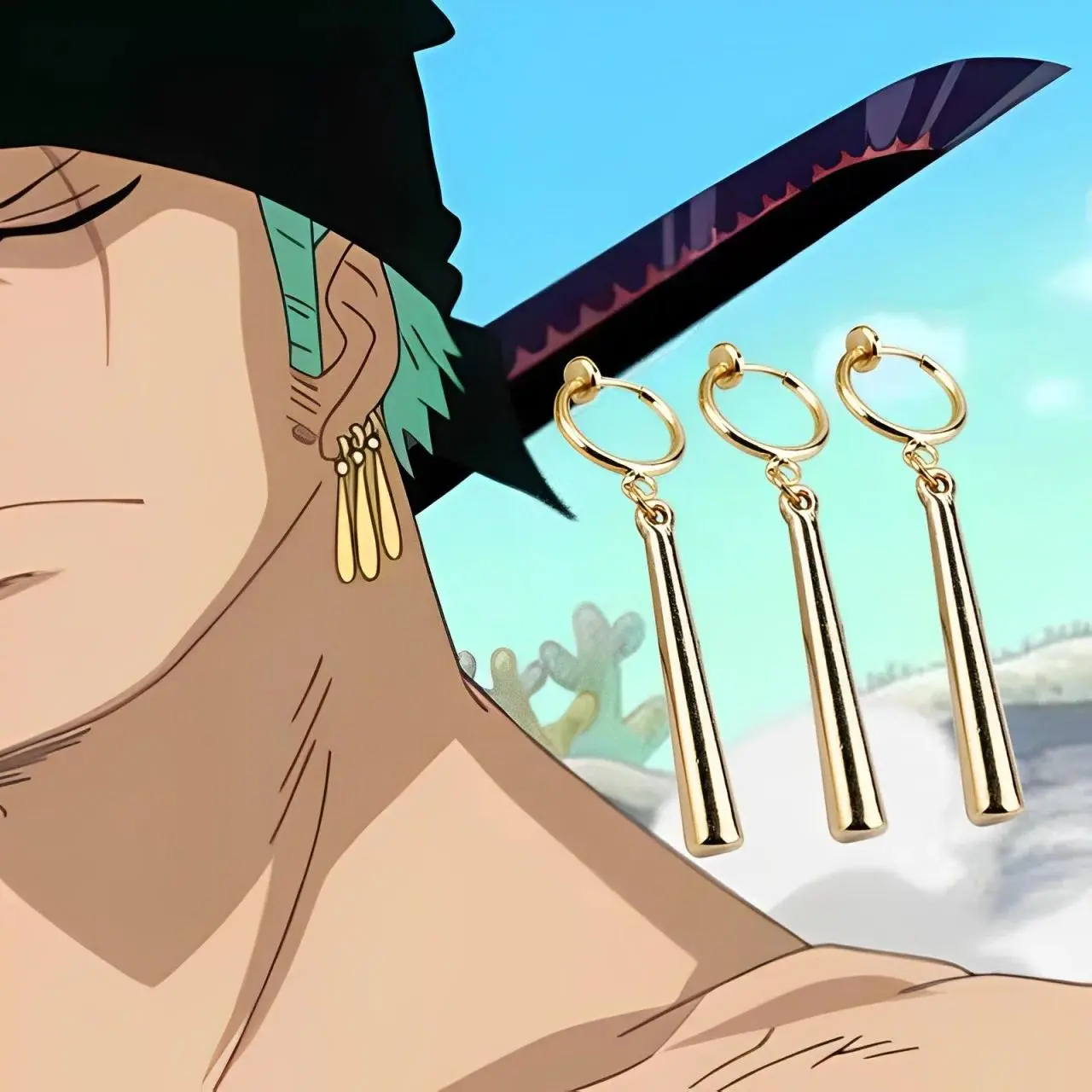 Anime ONEPIECE Roronoa Zoro Cosplay Earrings Sauron Ear Clips Golden Pendant Hook Earrings For Women Men Jewelry