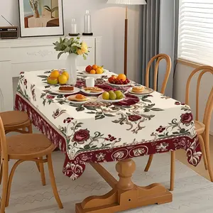 1pc Classic Peach Velvet Tablecloth with Rose and Vine Design, Multifunctional Rectangular Table Cover for Dining, Weddings, Parties & Celebrations, Picnic Table Cover