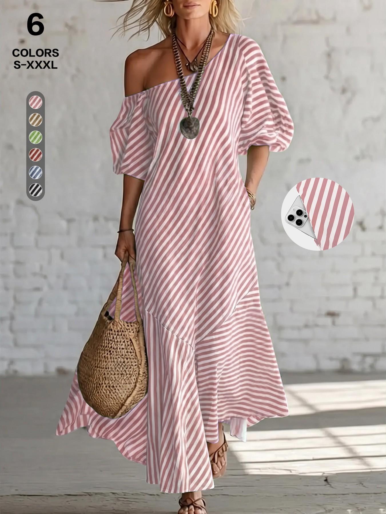 2026 Summer Asymmetric One Shoulder Striped Maxi Dress, Puff Short Sleeve, Irregular Hem, Casual Beach Sundress for Coastal Vacation  house dress Casual Wear Piece