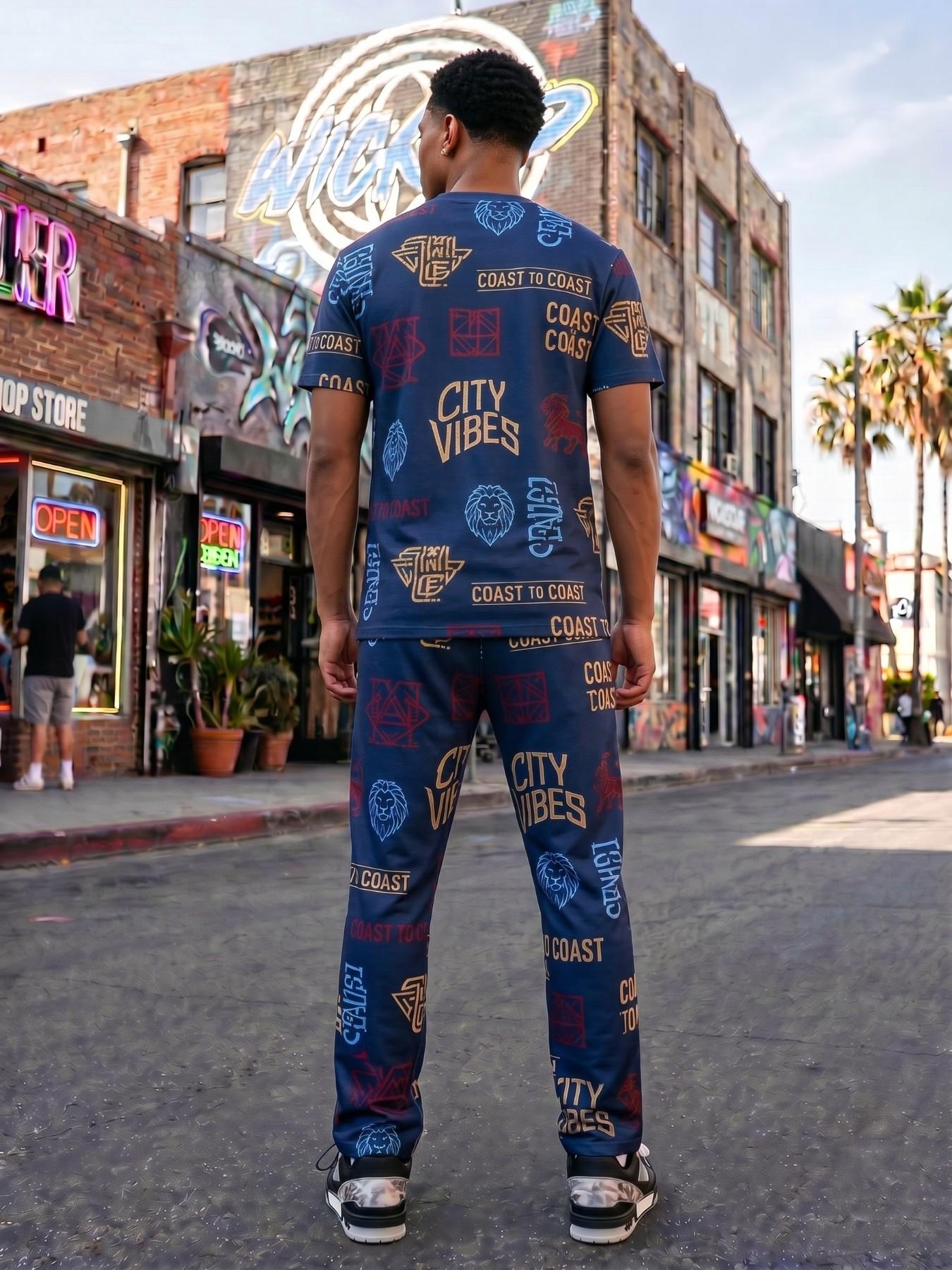 Coast City Lion Letter All Over Print Short Sleeve Tee & Curved Pant Matching Set, Soft Light Stretch Breathable Skin Friendly Outfit, LA Urban Streetwear For Skate Daily City Commute
