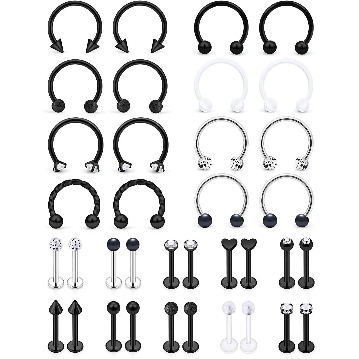 16g Stainless Steel Lip Rings Horseshoe Labret Monroe Tragus Helix Earrings Studs Nail Medusa Piercing Jewelry 8mm 36PCSGift
