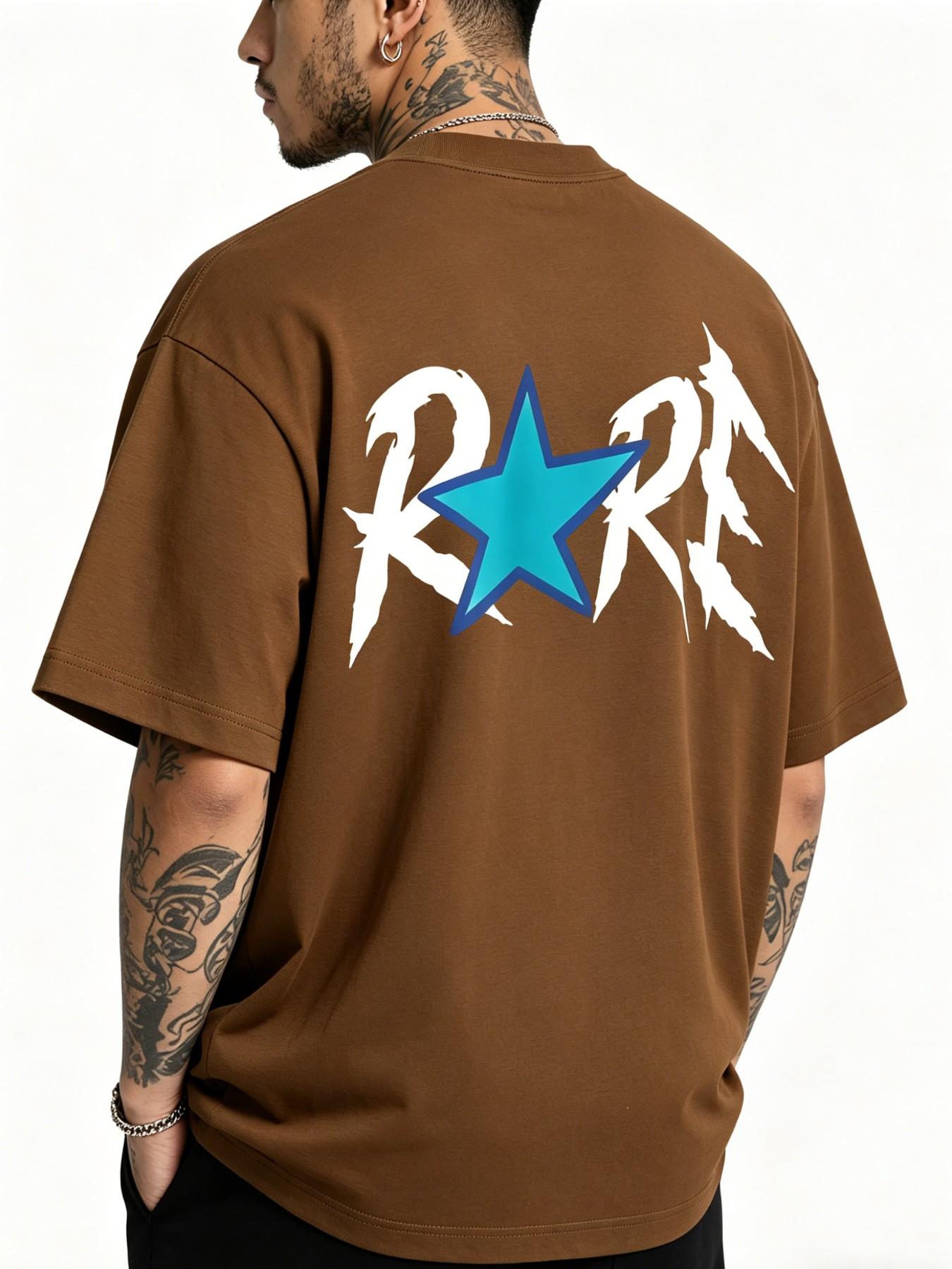 Men's Rare Star Print Cotton T-Shirt, Casual Loose-Fit Short Sleeve, Streetwear Fashion, Long Length, No Zipper or Button, Letters Pattern