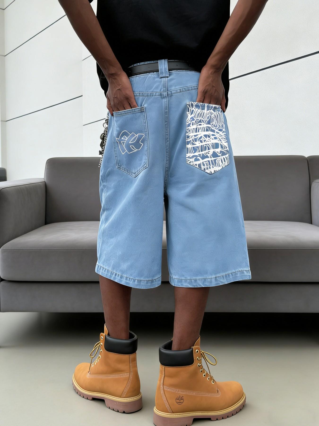 Men's Loose Fit Denim Shorts with Letter Embroidery, Y2K
