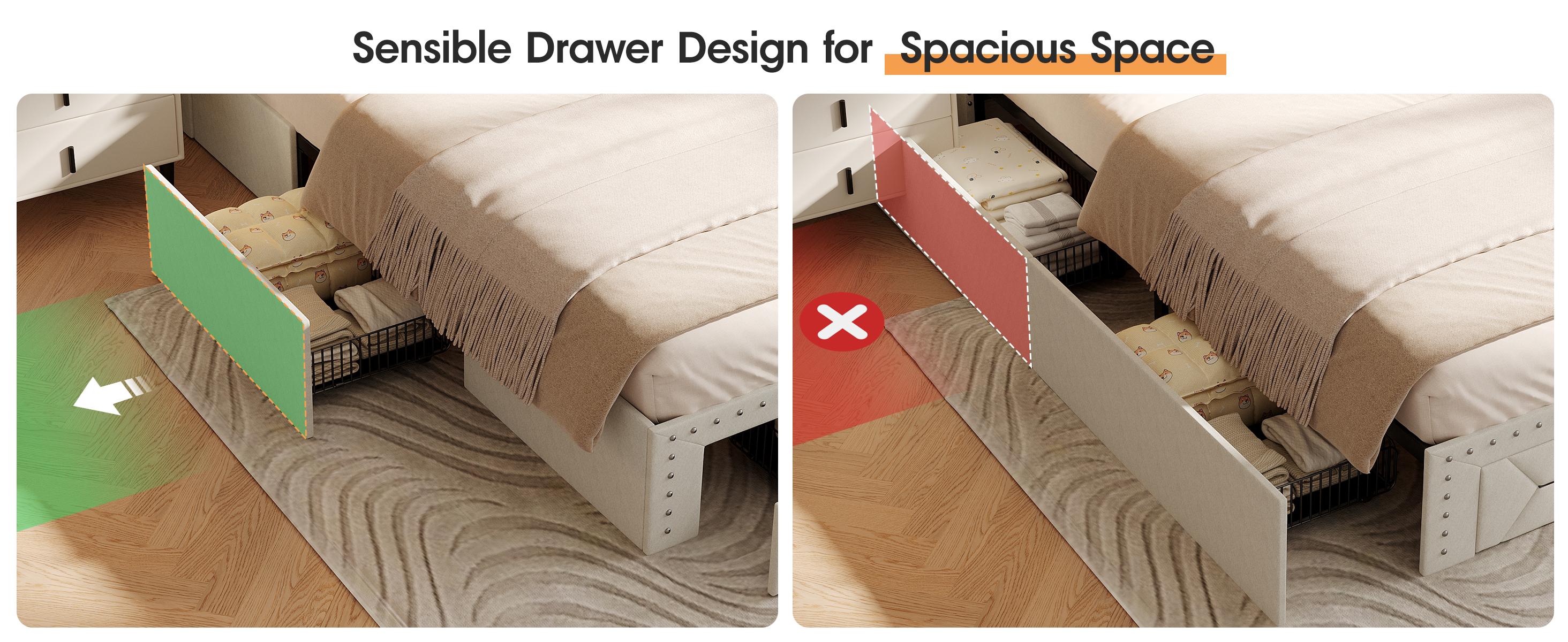 Vabches Queen Bed Frame with Storage Headboard and 3 Drawers, Upholstered Platform Bed Frame with LED Lights and Charging Station, 3-Tier Shelves, Rivet Trim, No Box Spring Needed, Noise Free