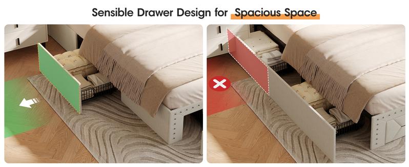 Vabches Queen Bed Frame with Storage Headboard and 3 Drawers, Upholstered Platform Bed Frame with LED Lights and Charging Station, 3-Tier Shelves, Rivet Trim, No Box Spring Needed, Noise Free