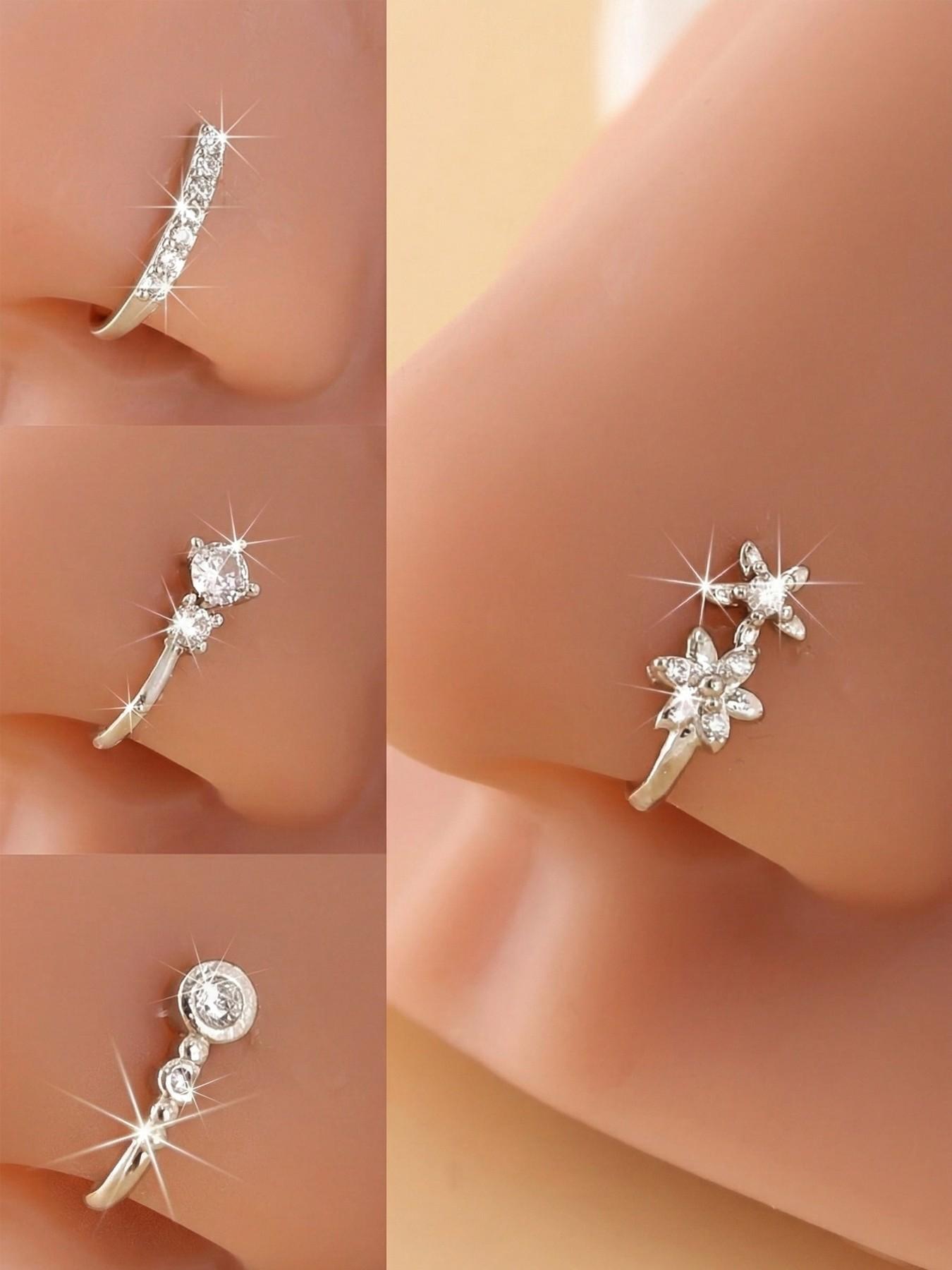 4-Pack Easy Flower Nose Clips, Synthetic Zirconia Inlay, Fake Piercing-Free Nose Jewelry, Fashionable Daily Wear Nose Rings