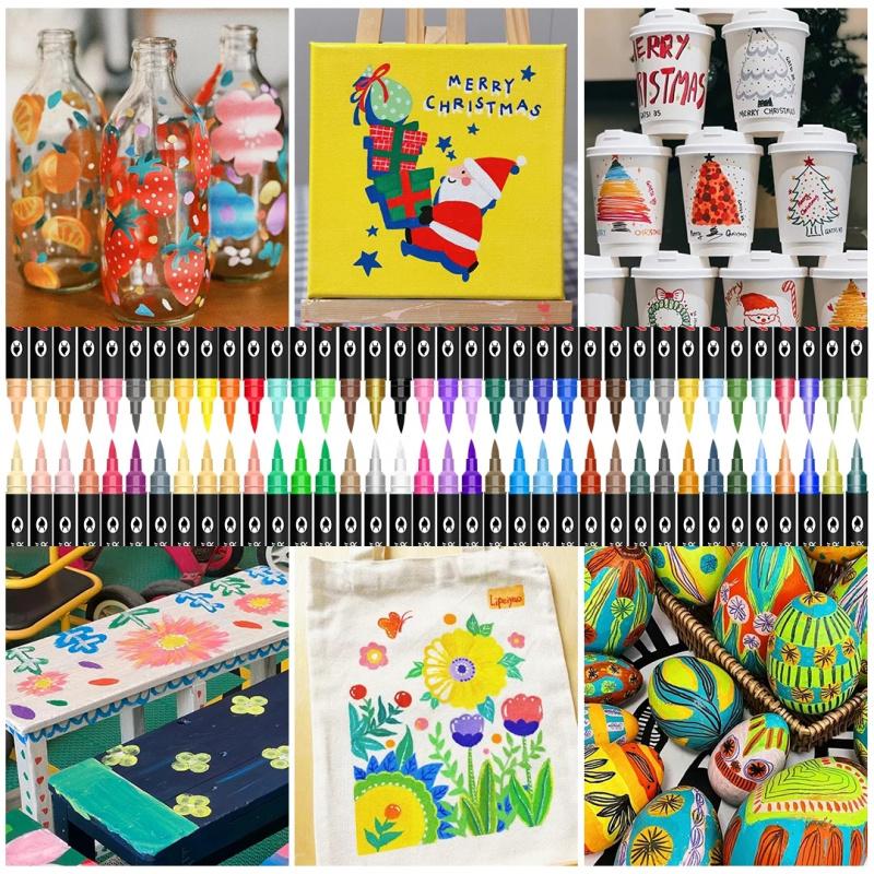 Acrylic Paint Markers, Dual tips Dual Color 24/48/72/144 Colors,Acrylic Paint Pens for Rock Painting, Canvas, Wood, Glass, Ceramic, Fabric, Plastic, Egg & Scrapbook. Soft Brush Tips Paint Pens and Paint Markers, Art Marker Set, Art Craft Supplies
