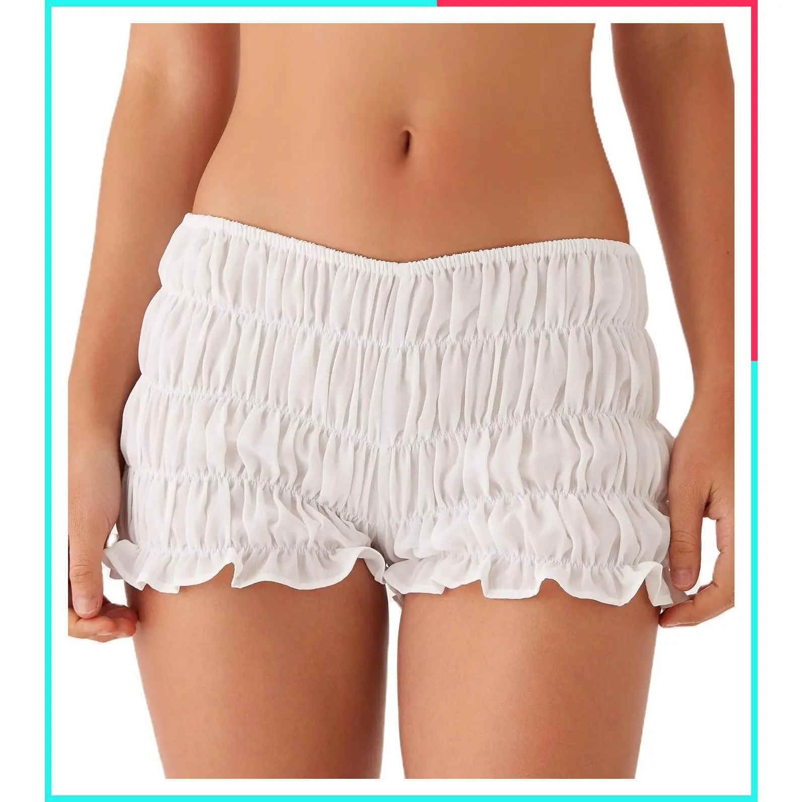 Women Y2K Low Waist Ruched Ruffle Frilly Mini Bloomer Shorts Layered Pettipants Cute Going Out Lounge Smocked Puffy Fluffy Boyshorts Festival Party Rave