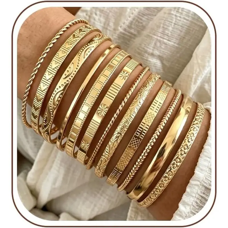 12Pcs Gold Bangle Bracelets for Women 14K Plated Adjustable Indian Boho Set
