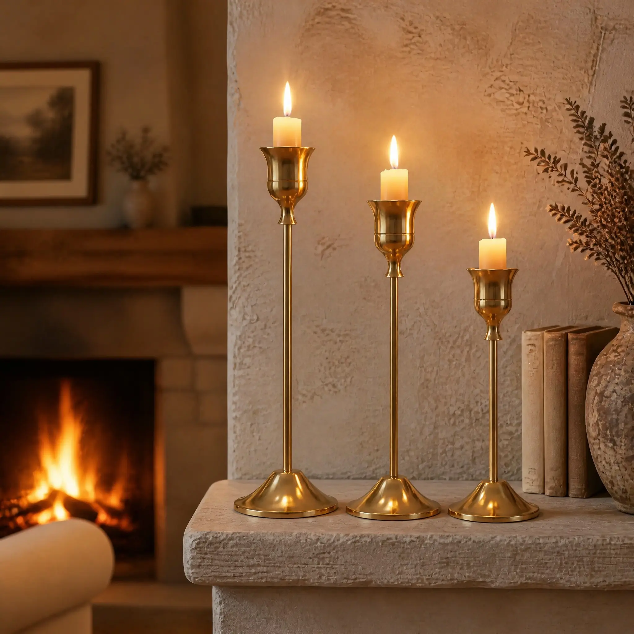 3 PCS Gold Taper Candlestick Holders with 0.86 Inch Socket, 6.3/7.5/9.1 Inch Tall Classic Tulip Candle Holder Set, Brass Finish Metal Candlesticks for Wedding Dining Table Party Centerpiece, Candle Holder Centerpieces