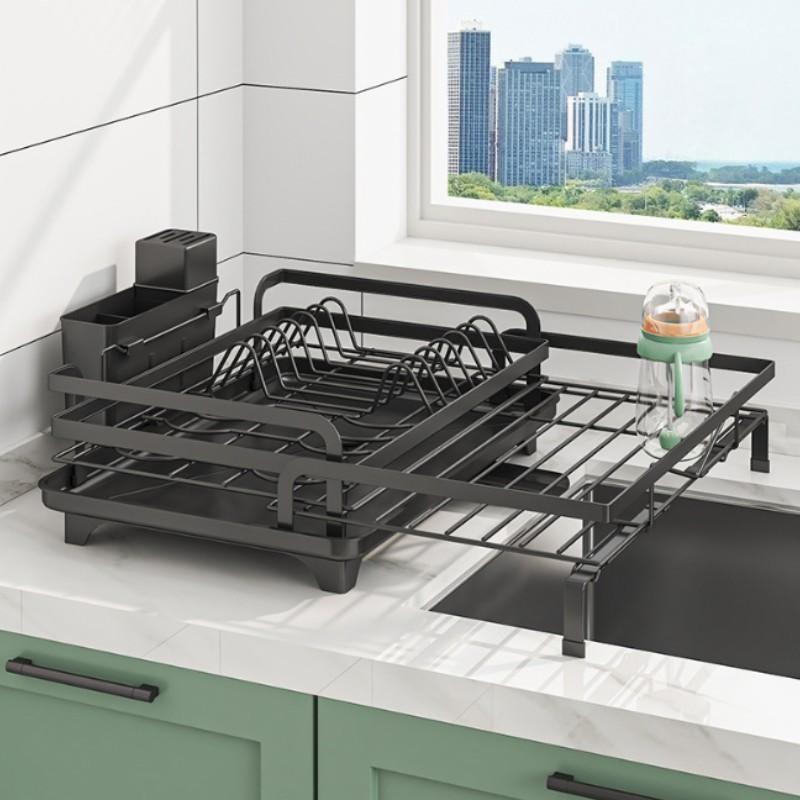 Adjustable Cutlery Rack Kitchen Organizer, Extendable Bowl and Cutlery Rack with Drain Board, Saves Space, Keeps Kitchen Tidy