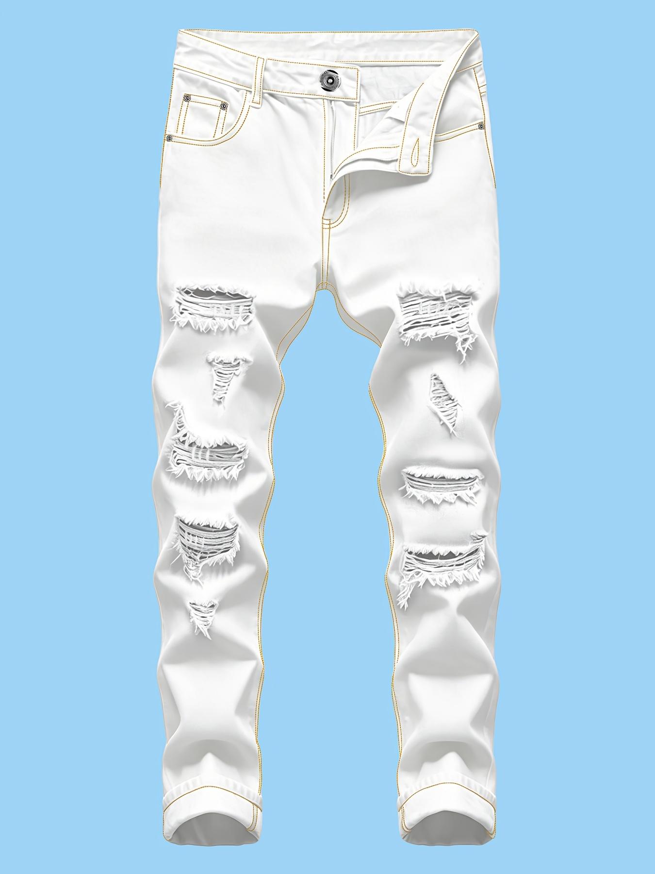 Men's White Slim Fit Full Length Ripped Raw Edge Jeans - Contrast Stitch, Washed Stretch Denim Pants with Holes - Machine Washable for Commute, Casual Wear
