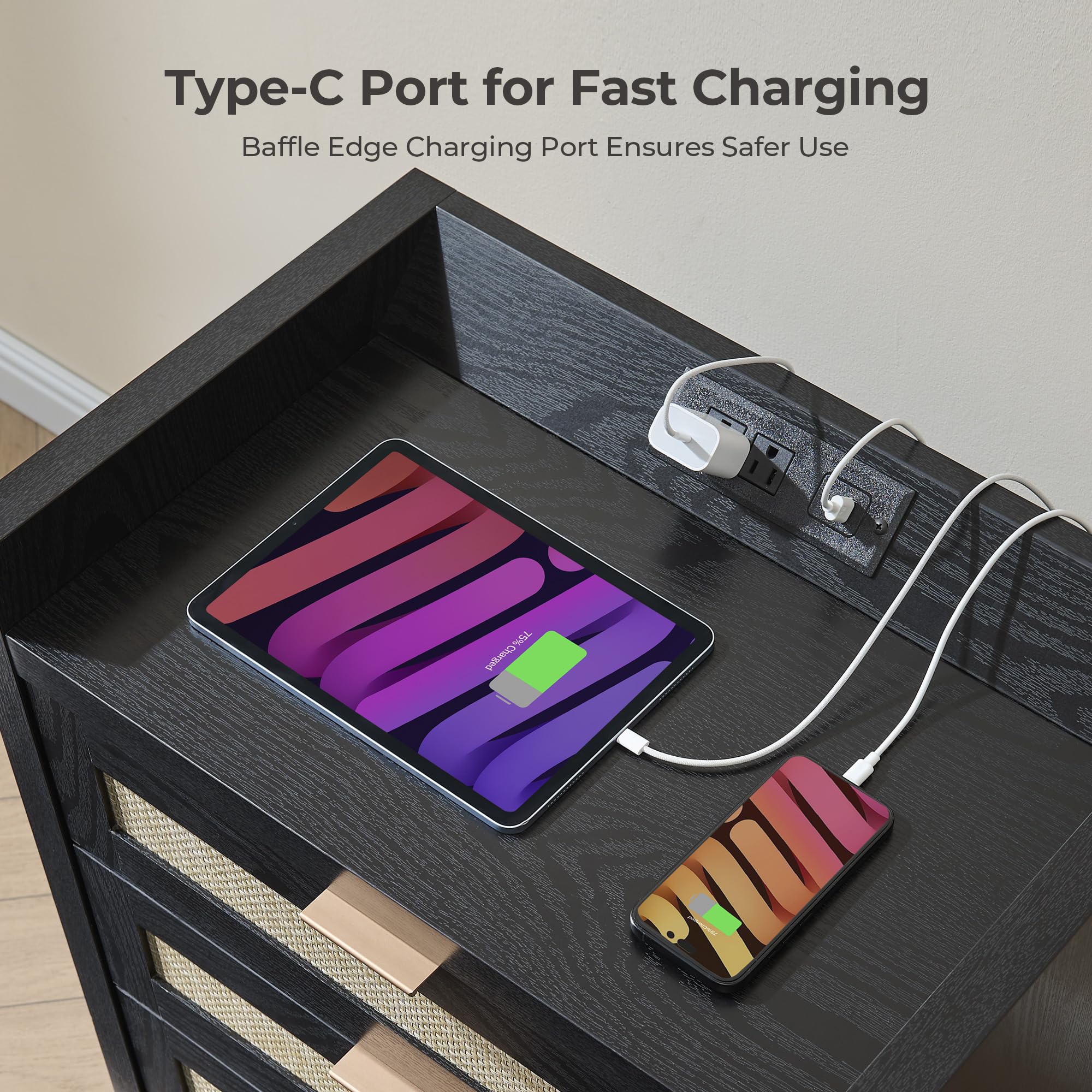 SICOTAS Larger Rattan Night Stand - 15.4"D x 24.8"W x 26.5"H Nightstands with Type-C Charging Station, 3 Rattan Mesh Drawers, Usb port Boho Bedside Table End Table with Storage for Bedroom Sofa Couch Office, Robust and Stylish, Durable