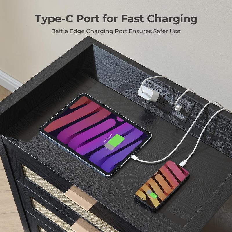 SICOTAS Larger Rattan Night Stand - 15.4"D x 24.8"W x 26.5"H Nightstands with Type-C Charging Station, 3 Rattan Mesh Drawers, Usb port Boho Bedside Table End Table with Storage for Bedroom Sofa Couch Office, Robust and Stylish, Durable