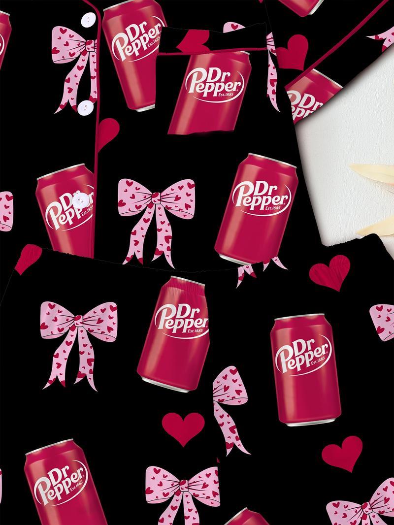 Women's Comfortable Cute Elastic Sleepwear Set, Spring Bow Tie Shirt and Pants Two-Piece, Short Sleeve Shorts, Party Wear