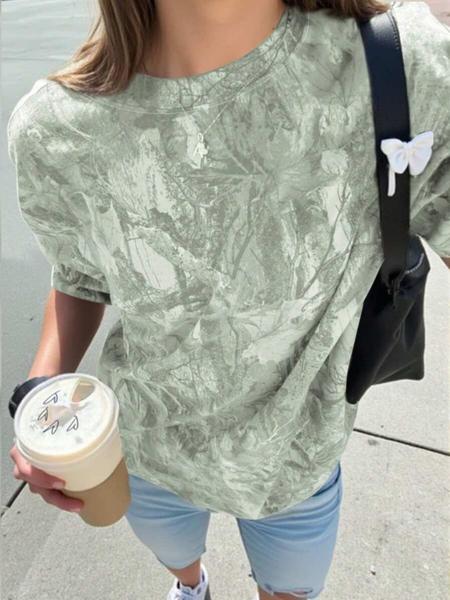 Women's All Over Print Round Neck Tee, Casual Camo Print Short Sleeve Crew Neck T-shirt for Daily Wear, Ladies Clothes for All Seasons, Top