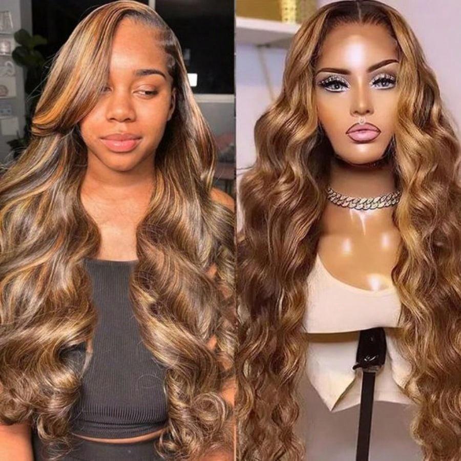 Highlight 13x4 HD Body Wave Lace Front Wigs Human Hair Honey Blonde Ombre 4/27 Lace Front Wig Human Hair Pre Plucked 180% Density Frontal Wigs for Women