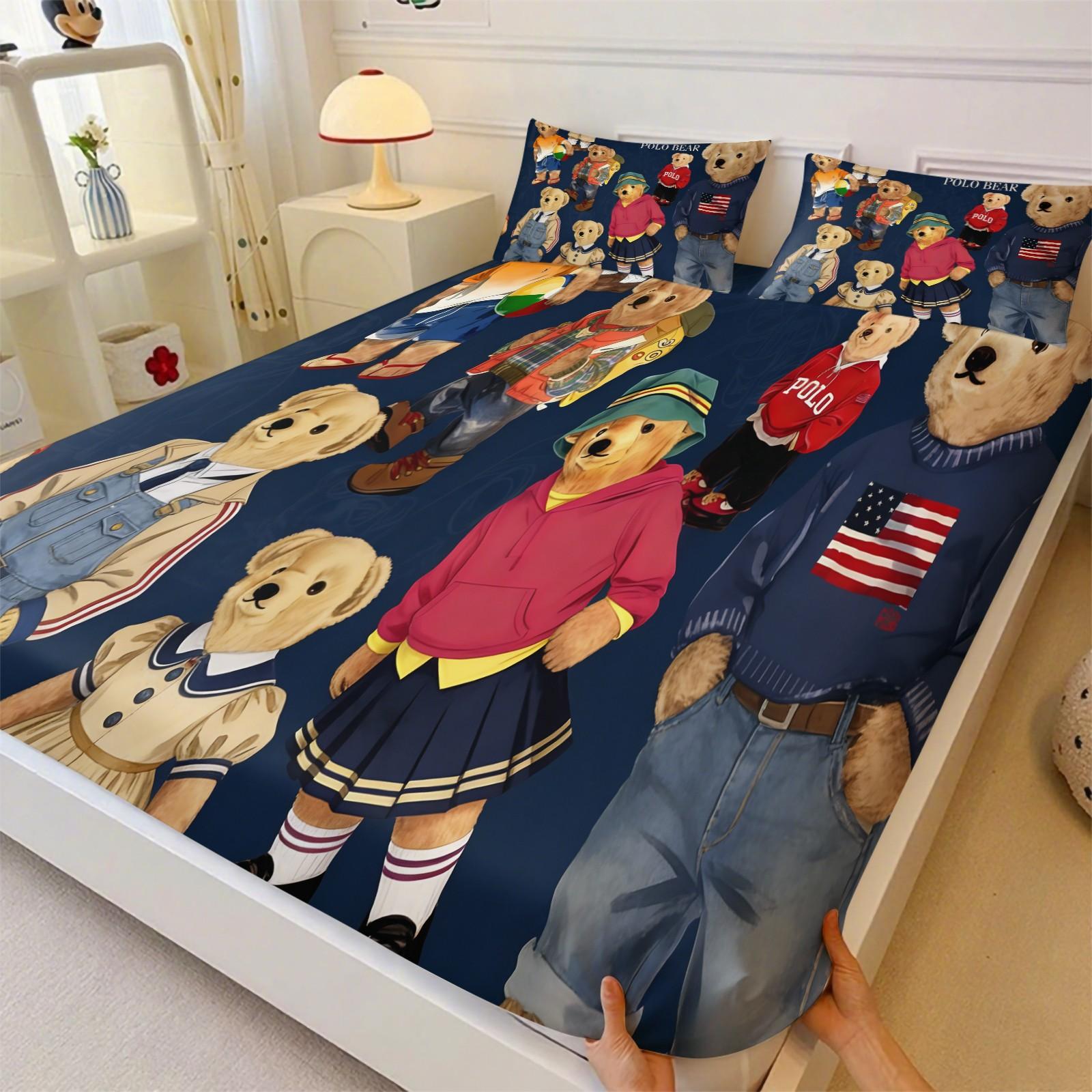 Teddy Bear Pattern Bed Sheet, Comfortable Printed Pattern, Includes 1 Bed Sheet and 2 Pillowcases, Comfortable Bedding, Non slip Dust Cover Suitable for Bedroom and Guest Room, Suitable as a Gift for Children or Adults