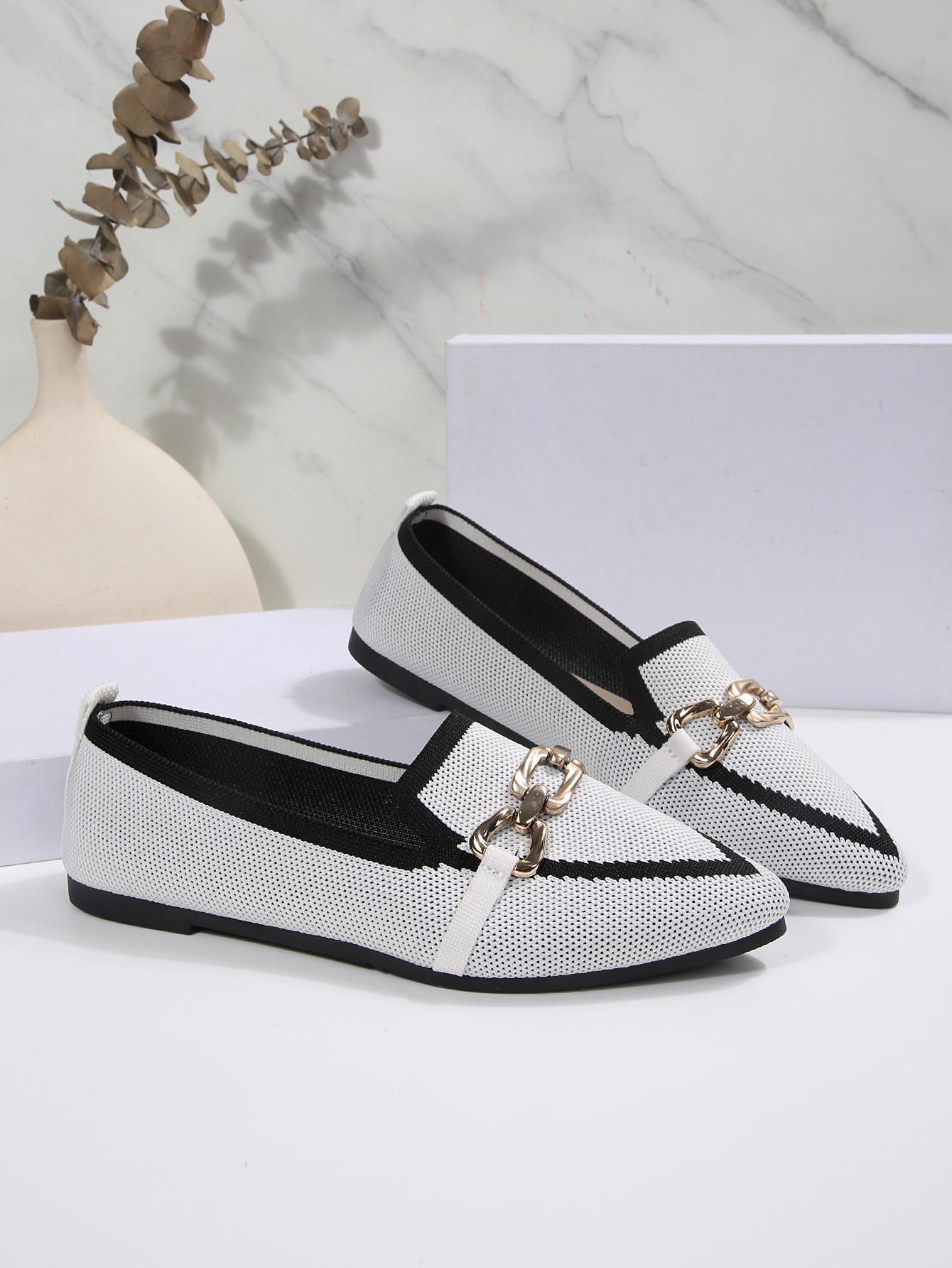1 Pair Women's  Colorblock Knit Pointed Toe Metal Buckle Flat Loafers, Minimalist Commute Style Breathable Slip-On Shoes, Versatile Elegant Comfortable Professional Footwear for Office Work