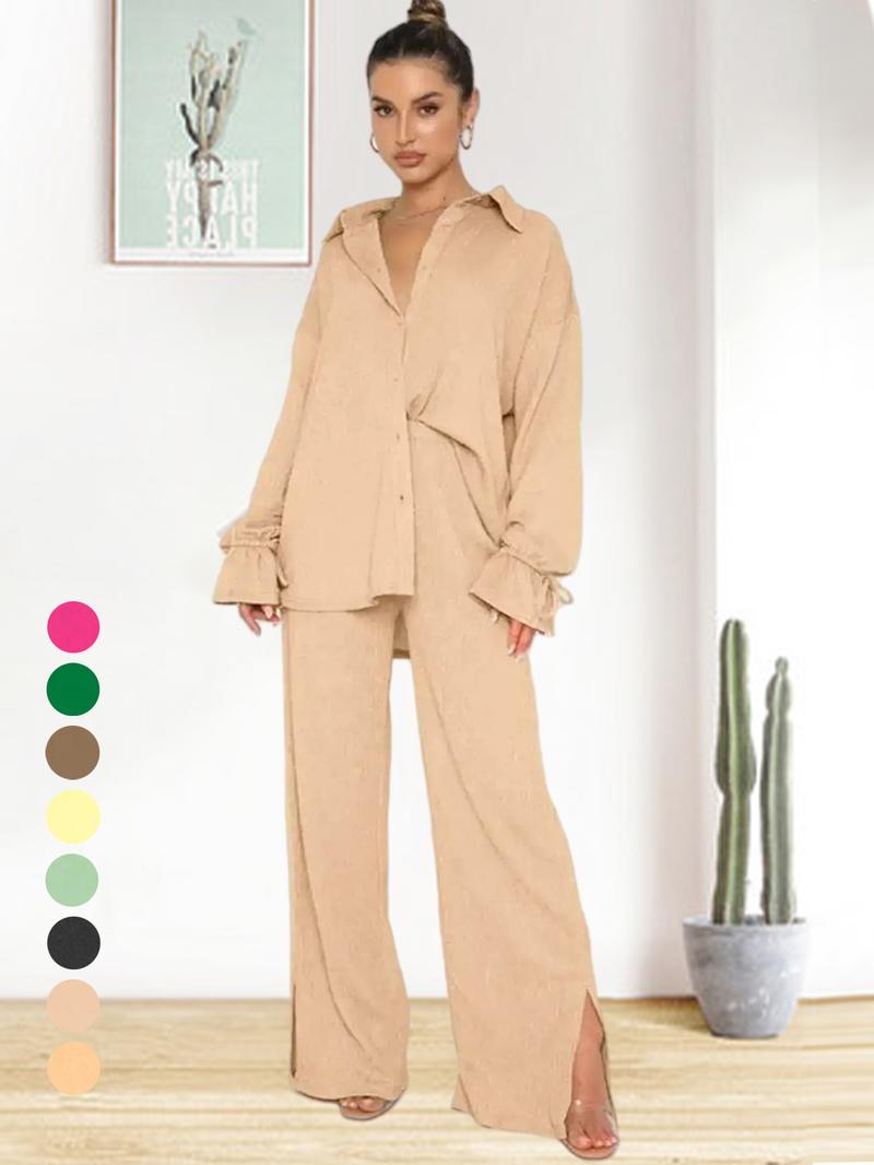 Women's Solid Button Front Shirt & Split Hem Pants Set, Casual Comfy Basic Flounce Sleeve Top & Wide Leg Trousers for Daily Wear, Women's Clothing