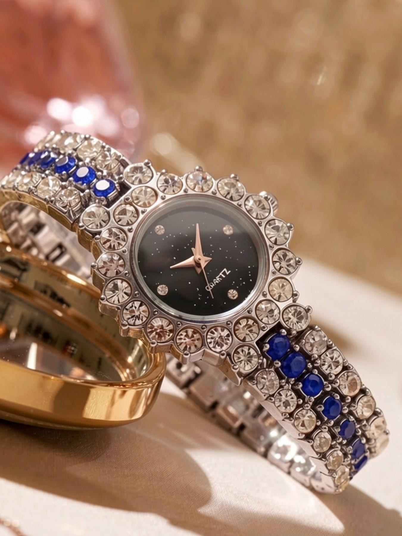 Mother's Day Gift Set, Full Diamond Blue Sapphire Women's Watch, Lip Liner, Foundation, Powder Compact, Silver Color Case, Casual Style