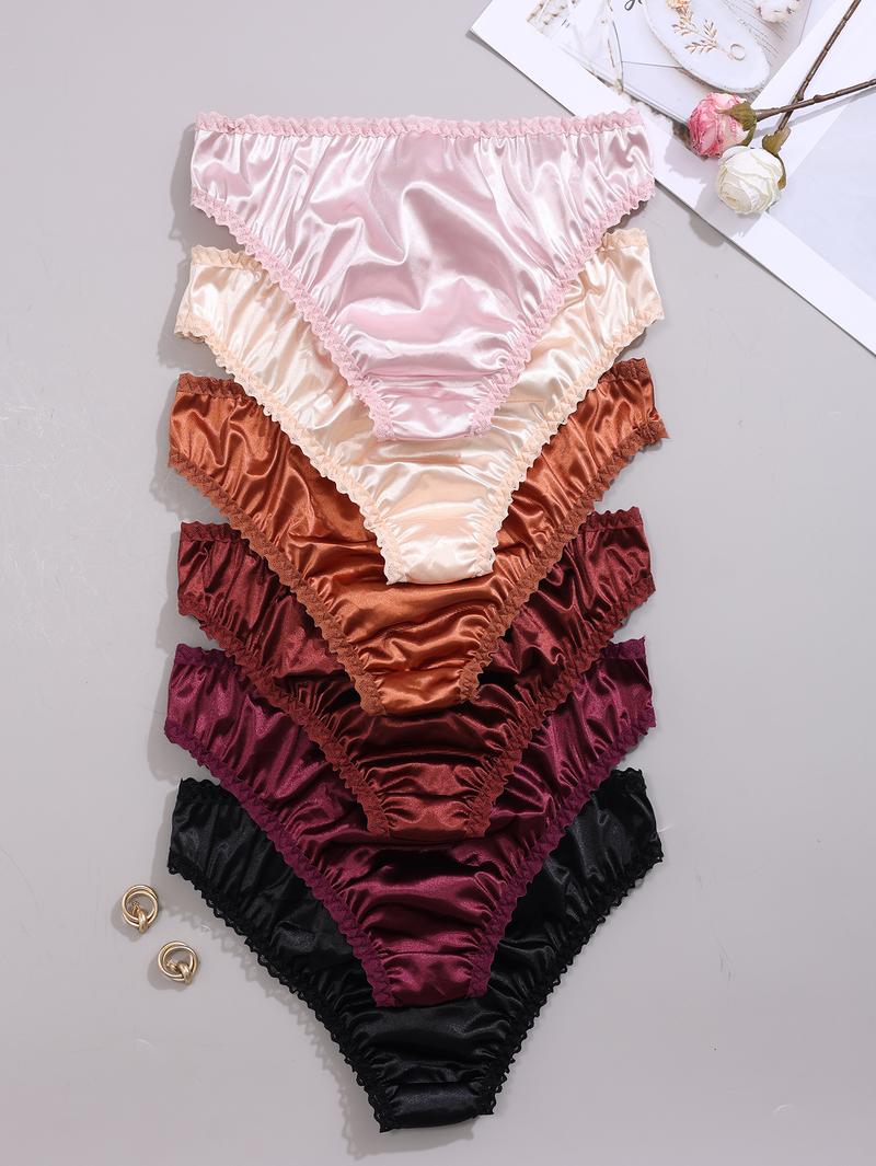 Women's Oil Cloth Bow Lace Trim Comfortable Triangle Panties, Trim Lace Panty, 6 Pack Soft Underwear for Women, Casual Daily Wear