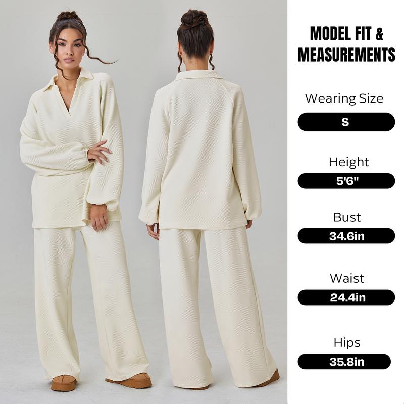 KatchMe Women's Slouchy Solid Color V-Neck Loose Textured Pullover & Drawstring Waist Trousers Co-ord, Minimalist Two Piece Outfits, Soft Womenswear