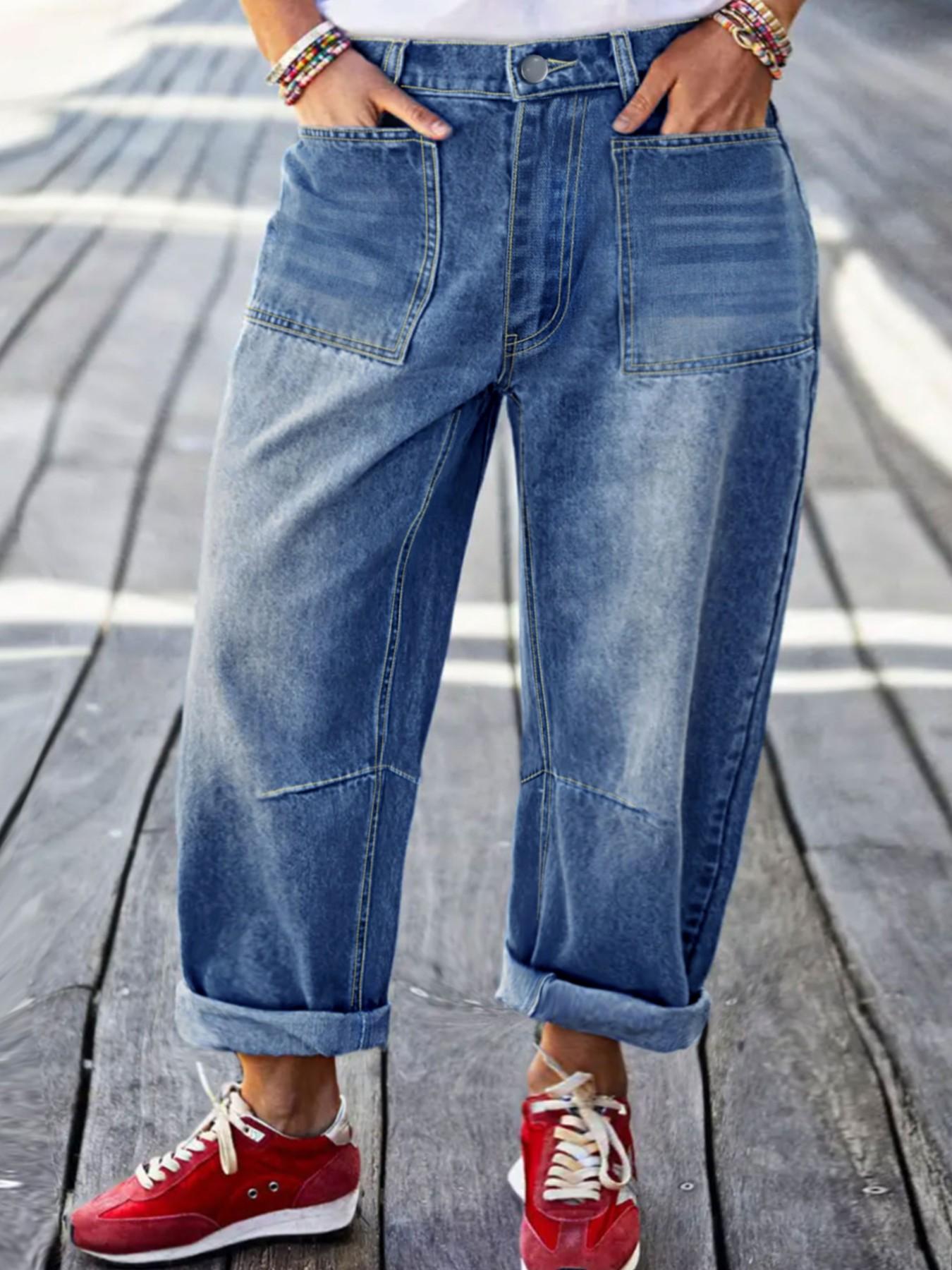 Plus Size Light Wash High Waist Denim Jeans, Relaxed Cuffed Cropped Baggy Pants, Vintage Coastal Casual Utility Wear for Women