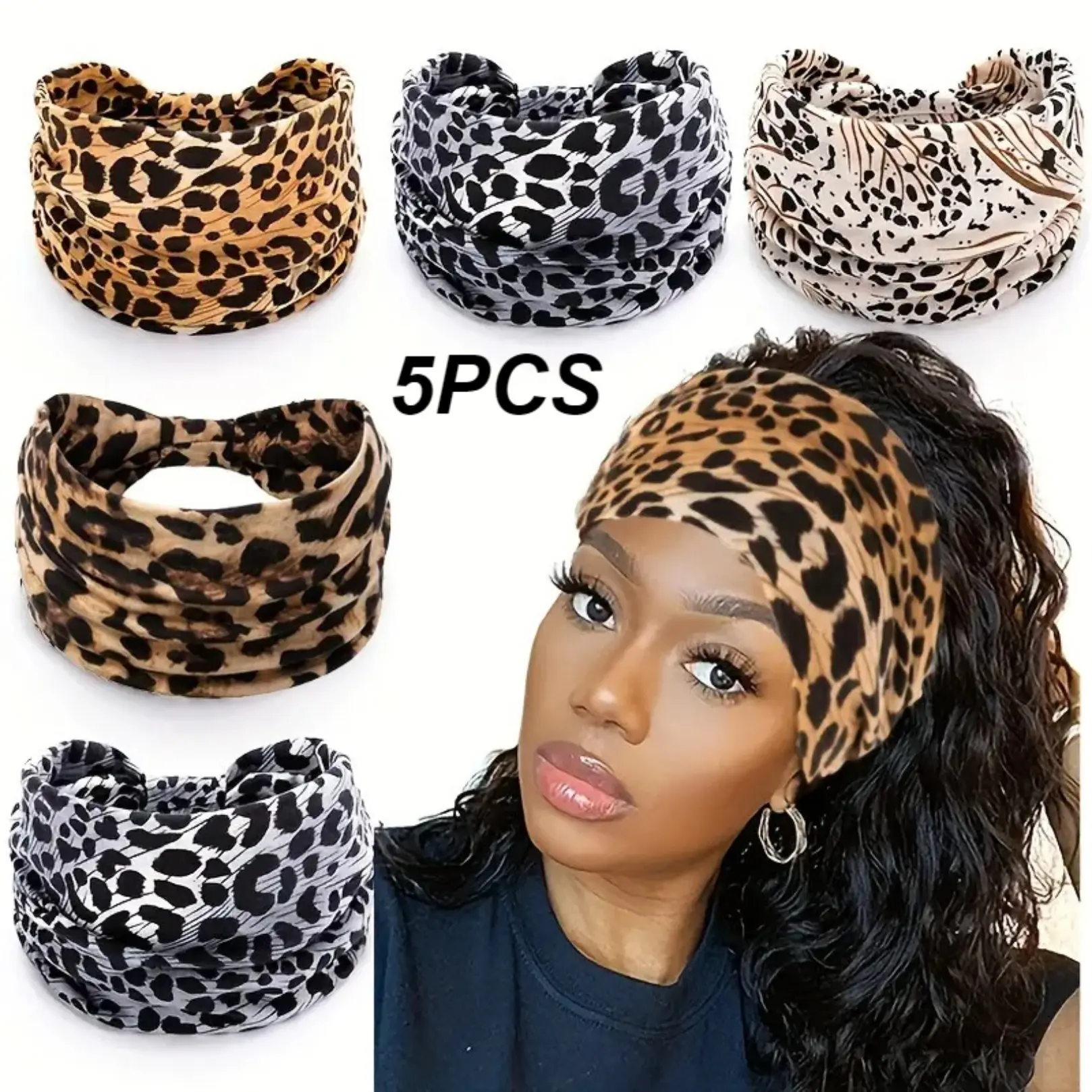 Leopard Print Wide Elastic Turban Headband Set For Women, Soft Sweat Wicking Boho Hair Wrap, Stretchy Hair Accessory Suitable For Fitness, Yoga And Casual Daily Styling