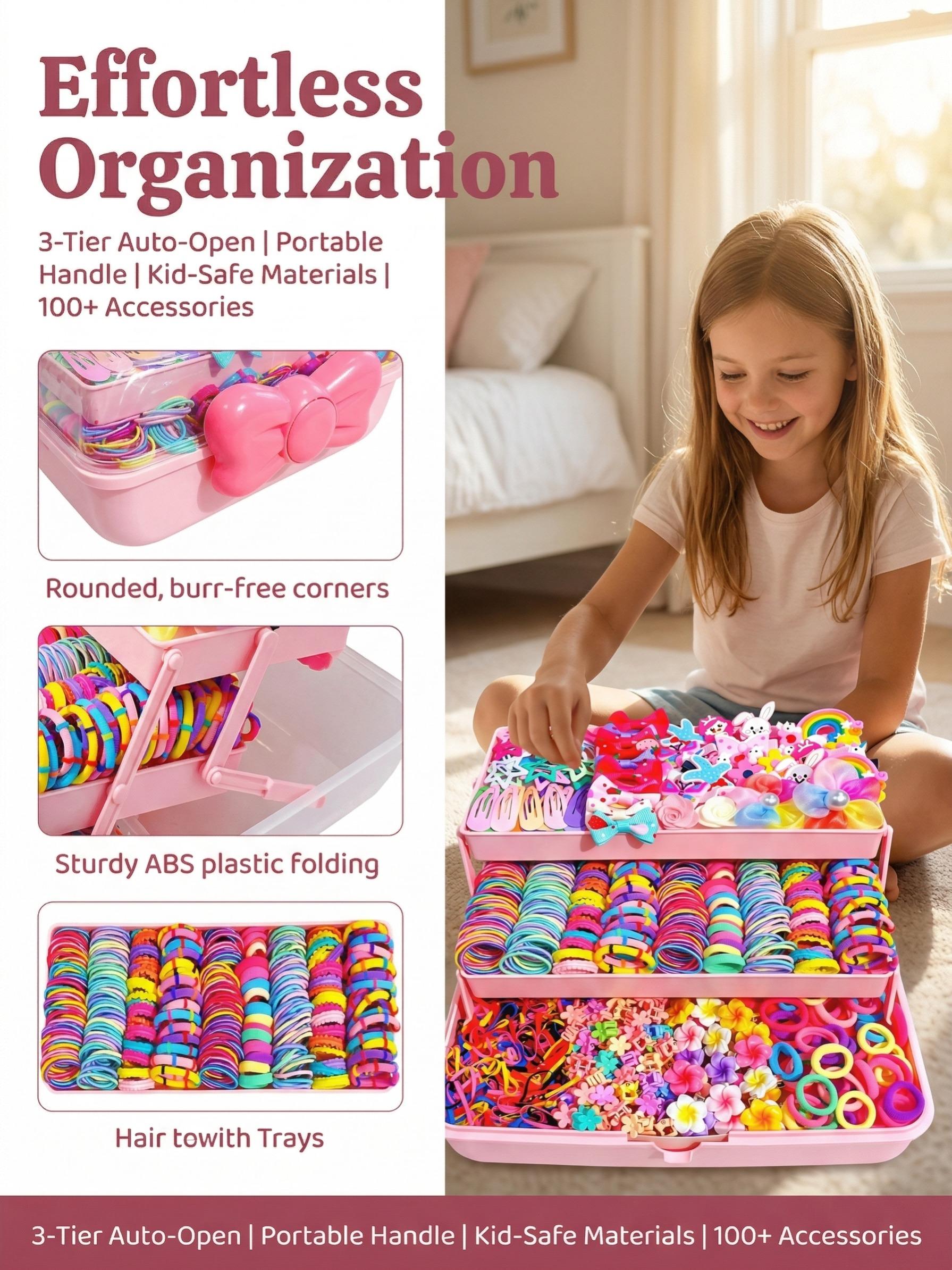 719pcs Rainbow Series Hair Accessories Gift Box Set for Little Girls. Includes 3-layer storage, hundreds of unicorn, star, BB clips, flower loops, bands. Great for daily hairstyle design & holiday gifts.