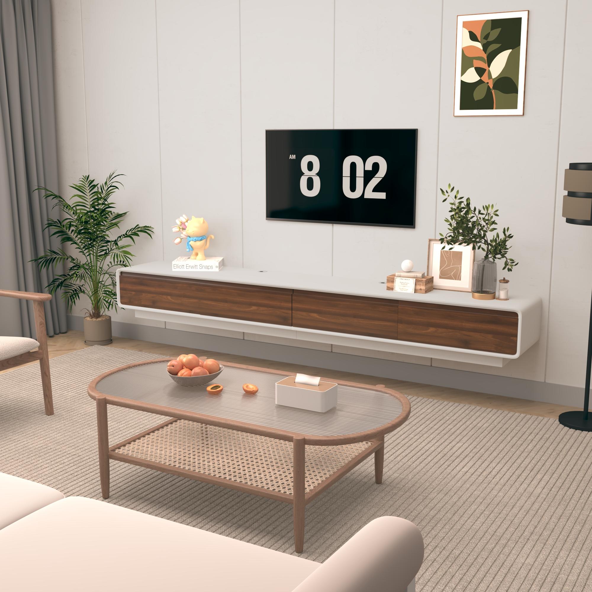 94.5" Minimalist Floating TV Stand for TVs up to 100 Inches, Modern Wall Mounted Media Console with 2 Drawers, Entertainment Center for Living Room, Black & Walnut/White & Walnut 94.5" Minimalist Floating TV Stand for TVs up to 100 Inches, Modern Wall Mounted Media Console with 2 Drawers, Entertainment Center for Living Room, Black & Walnut/White & Walnut