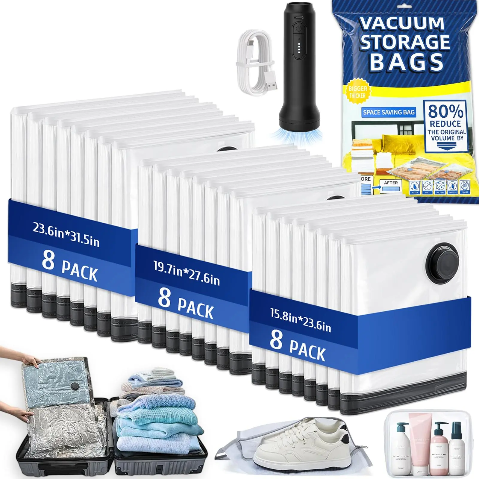 24-Pack Reusable Vacuum Travel Compression Bags for Packing, Transparent Roll-Up Space Saver Bags, 80% Storage Space Savings, Home Organizers & Travel Supplies, Vacuum Bags For Travel