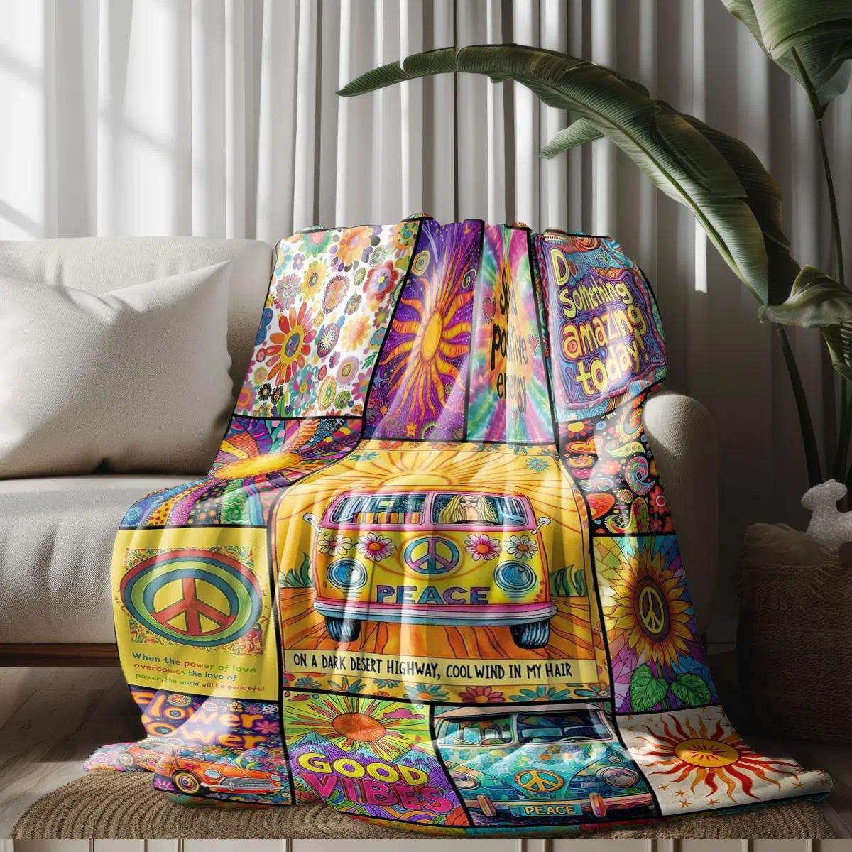 Comfortable Hippie Peace Bus Print Flannel Soft Throw Blanket, Baby Blankets and Adult Blankets, Soft Warm Anti-Pilling Fabric, Ideal for Nap, Camping, Travel, All Seasons Decor Blanket, Perfect Birthday Holiday Gift, Printed Flannel Blanket for Sofa Bed