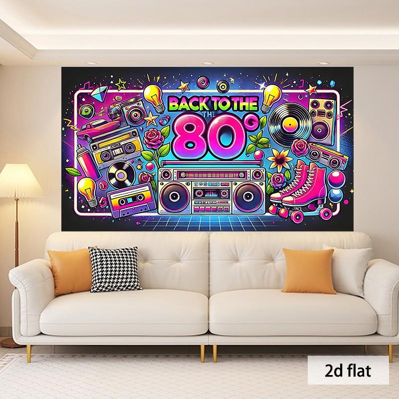 1pc Back to the 80s Retro Collage Party Banner - Vibrant  Polyester Background with Boombox, Cassette & Roller Skate Design for Birthdays, Weddings, Photo Studio Props, Home Decor, Event Decoration, Nostalgic Theme, Flat Lay Style, 2D Flat