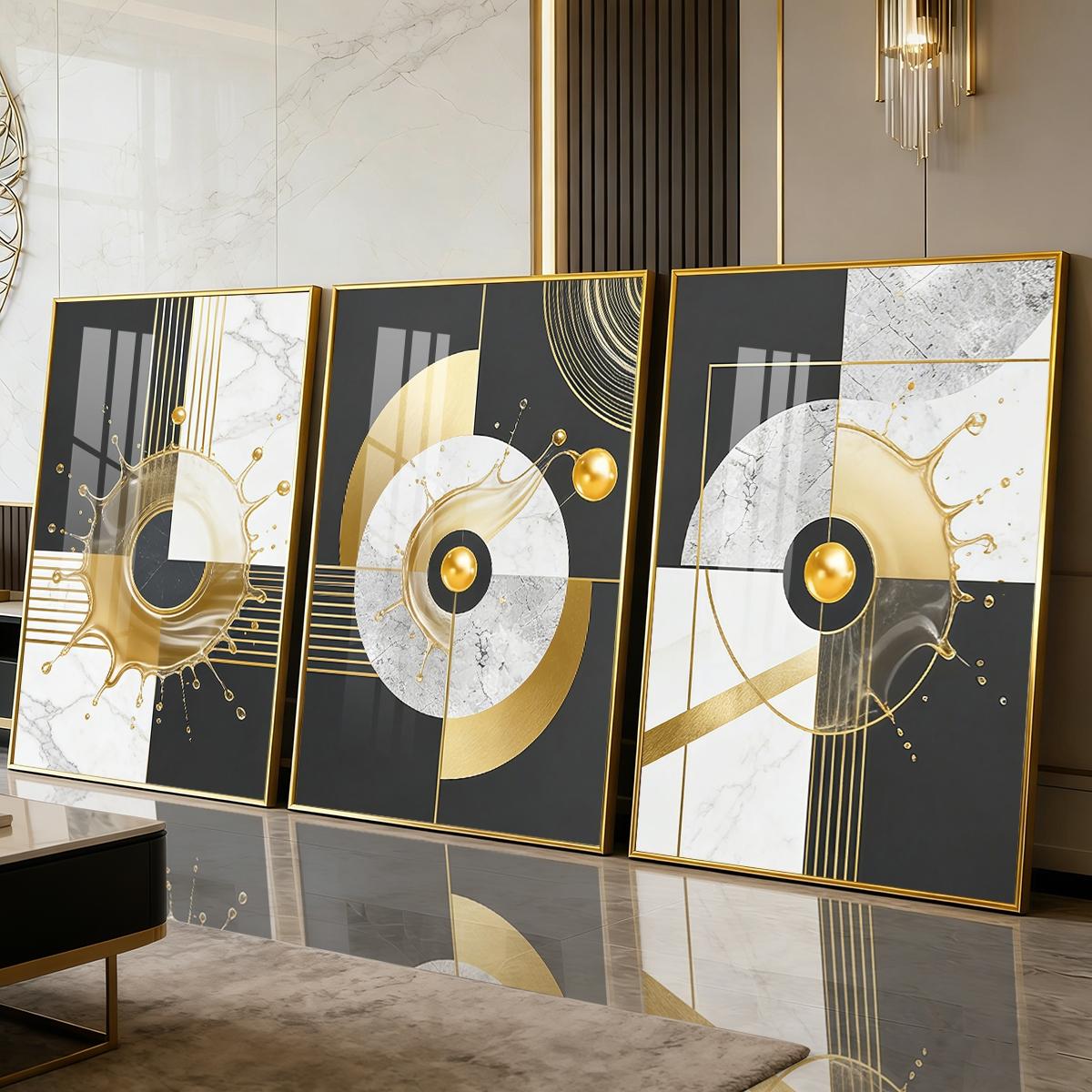 3 Counts Aluminum Alloy Framed Painting, Abstract Golden Splash Geometric Art Pictures, Home Decoration For Living Room, Bedroom, Office, Restaurant, Hallway Wall Decor, Odorless Print Artwork, Luxury Perfect Gift For Friends And Family