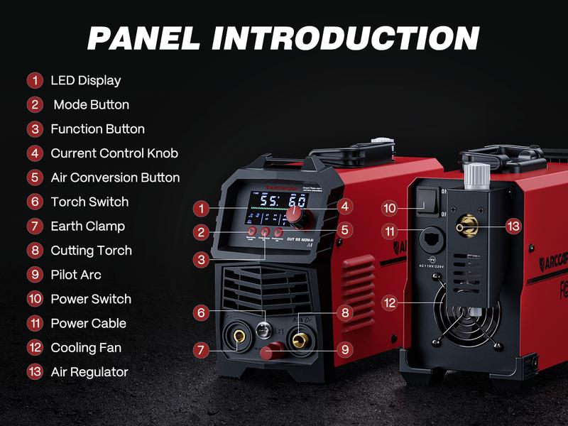 Arccaptain CUT55 Non-HF Plasma Cutter, Blowback Non-HF Pilot Arc Plasma Cutting Machine, Large LED Display IGBT Inverter 110/220V Dual Voltage, 3/5" Clean Cut, Mesh Cutting, Rust Removal, PA PT Adjustable, Black Friday Deals, Xmax Gift for Man and Dad